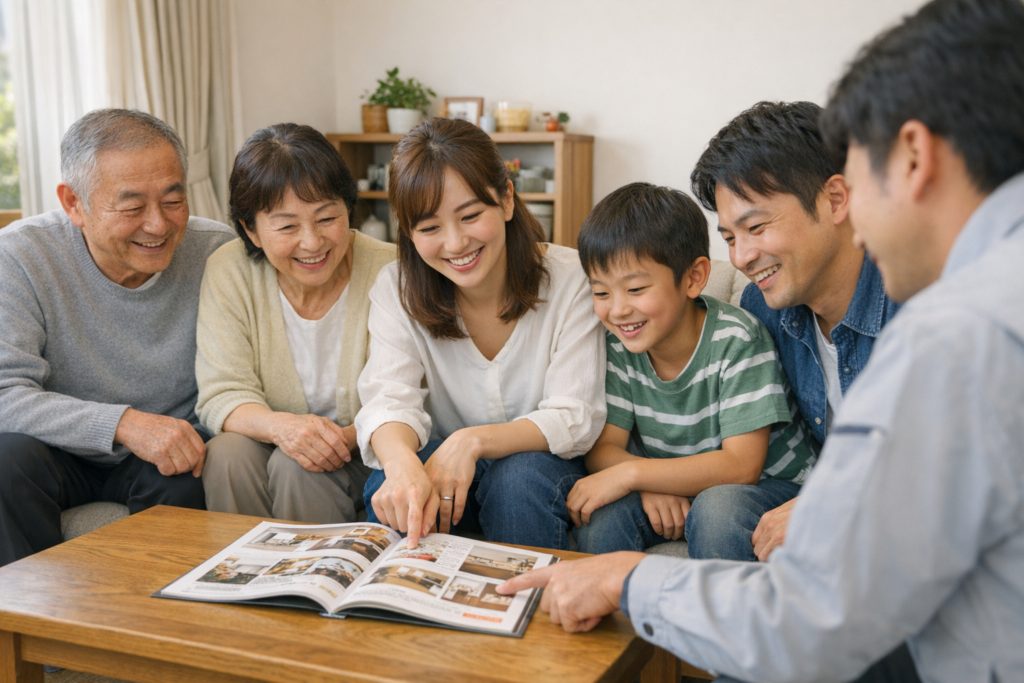 佐世保市の大幸工務店が家族にリフォームの提案をしている相談風景